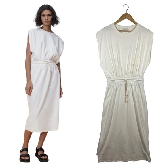 New Zara Dress Womens M Extended Shoulder Midi Tank Cinched Drawcord Waist Ivory - Picture 3 of 16